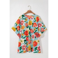 Sky Blue Plus Size Floral Print V Neck Batwing Sleeve Blouse - 4X thumbnail