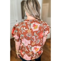 Brown Floral Stitched V Neck Frilled Trim Puff Short Sleeve Blouse - 1X thumbnail