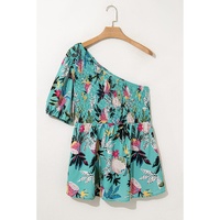 Green Plus Size Floral Smocked Bodice Single Puff Short Sleeve Babydoll Blouse - 1X thumbnail