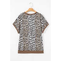 Khaki Leopard Contrast Trim Short Sleeve Loose Plus Size Top - 1X thumbnail