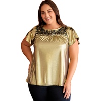 Gold Plus Size Floral Embroidered Short Sleeve Top - 2X thumbnail