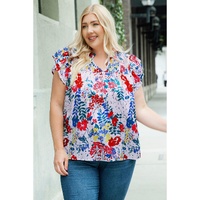 Red Plus Floral Print Ruffle Cap Sleeve V Neck Blouse - 2X thumbnail