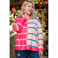 Rose Stripe Color Block Crewneck Long Sleeve Plus Size T Shirt - 2X thumbnail