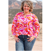 Pink Plus Size Abstract Floral Print V Neck Blouse - 2X thumbnail