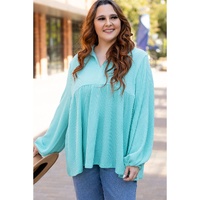 Turquoise Cordrd Balloon Sleeve Collar Plus Babydoll Top - 2X thumbnail
