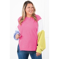 Rose Red Colorblock Patchwork Striped Puff Sleeve Plus Size Top with Slits - 1X thumbnail