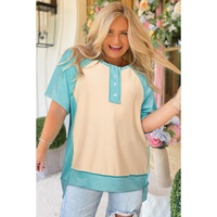 Mint Green Color Block Raglan Sleeve Buttoned Plus Size T Shirt - 2X thumbnail