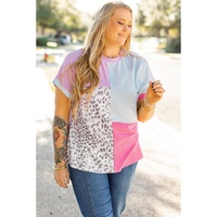 Rose Red Leopard Colorblock Patchwork Corded Knit Plus Size T Shirt - 4X thumbnail