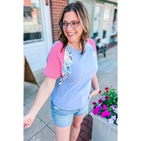 Sky Blue Leopard Print Patch Colorblock Plus Size T Shirt - 1X thumbnail