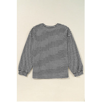 Black Stripe Drop Shoulder Puff Long Sleeve O Neck Plus Size T Shirt - 1X thumbnail