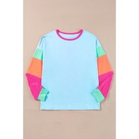 Dark Blue Colorblock Patchwork Long Sleeve Plus Size Top - 1X thumbnail