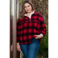 Red Plus Size Buffalo Plaid Sherpa Henley Sweatshirt - 1X thumbnail