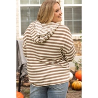 Brown Stripe Quarter Buttons Drop Sleeve Plus Size Hoodie - 3X thumbnail