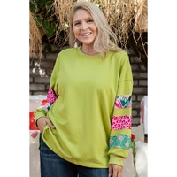 Green Plus Size Printed Patchwork Sleeve Split Sweatshirt - 1X thumbnail