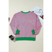 Pink Stripe Waffle Knit Crew Neck Plus Size Sweatshirt - 3X thumbnail