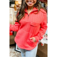 Tomato Red Cable Textured Quarter Zip Pocketed Plus Size Pullover - 1X thumbnail