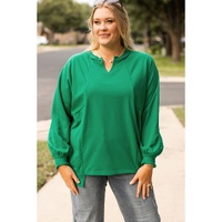 Bright Green Exposed Seam Notched Neck Drop Shoulder Plus Sweatshirt - 2X thumbnail