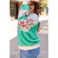 Sky Blue Plus Size Plaid Floral Patchwork Raglan Sleeve Sweatshirt - 1X thumbnail