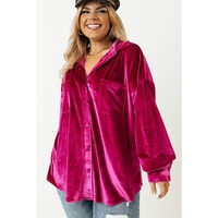 Bright Pink Plus Size Velvet Chest Pocket Drop Shoulder Shirt - 4X thumbnail
