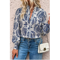 Sky Blue Tribal Pattern Print Notch Neck Buttoned Plus Size Shirt - 1X thumbnail