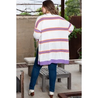 Beige Plus Size Striped Dropped Shoulder Sweater Cardigan - 2X thumbnail