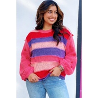 Pink Plus Size Striped Knit Pompom Puff Sleeve Sweater - 3X thumbnail