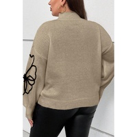 Dark Khaki Plus Size Big Flower Pattern High Neck Drop Shoulder Sweater - 4X thumbnail
