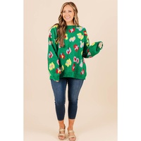 Green Plus Size Floral Knitted Ribbed Edge Drop Shoulder Sweater - 3X thumbnail