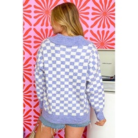 Purple Checkered Collared Buttons Plus Size Sweater - 2X thumbnail