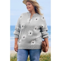 Gray Plus Size Embroidered Floral Pattern Half Zip Sweater - 1X thumbnail