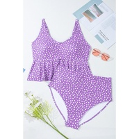 Purple Plus Size Polka Dot Print Ruffled Knotted V Neck Tankini Set - 4X thumbnail