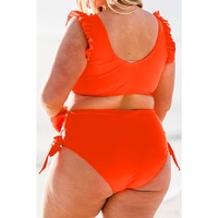 Orange Ruffled Trim Knotted High Waist Plus Size Bikini Set - 1X thumbnail