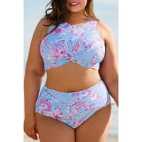 Sky Blue Plus Size Floral Print Twisted High Waist Bikini Set - 4X thumbnail