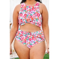Rose Plus Size Floral Print Twisted High Waist Bikini Set - 3X thumbnail