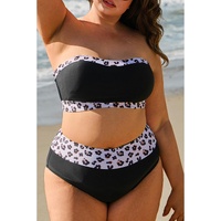 Black 2pcs Leopard Patchwork Plus Size High Waisted Swimsuit - 1X thumbnail
