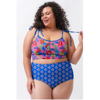 Blue Fashion Print Tied Straps Crop Vest and High Waist Plus Size Bikini - 1X thumbnail