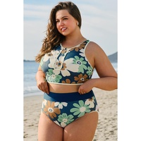 Green Floral Printed Zipped Plus Size Two Pieces Bikini - 2X thumbnail