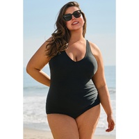 Black Solid Color U Neck Padded Plus Size One Piece Swimsuit - 2X thumbnail