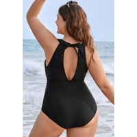 Black Halter Mesh Insert Knotted Back One Piece Plus Size Swimsuit - 3X thumbnail