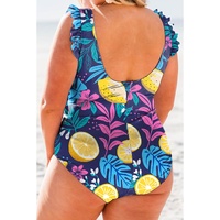 Blue Plus Size Printed V Neck Wrap Knot Ruffled One Piece Swimwear - 3X thumbnail