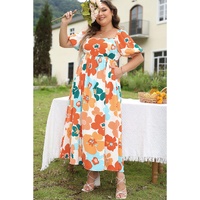 Orange Plus Size Flower Print Shirred Square Neck Maxi Dress - 2X thumbnail
