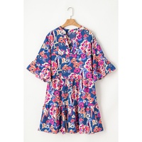 Blue Plus Size Floral Print Ruffled 3/4 Sleeve Mini Dress - 1X thumbnail