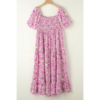 Pink Plus Size Floral Print Smocked Puff Sleeve Dress - 1X thumbnail