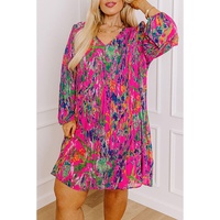 Rose Plus Size Abstract Floral Print Pleated Loose Dress - 1X thumbnail