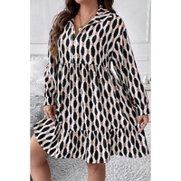 Apricot Geometric Print Collared V Neck Plus Size Mini Dress - 2X thumbnail
