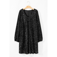 Color black Plus Size Bubble Sleeve V Neck Sequin Dress - 1X thumbnail