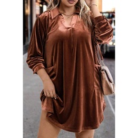 Coffee Plus Size V Neck Collared Pleated Back Rounded Hem Velvet Dress - 4X thumbnail