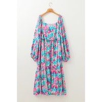 Sky Blue Floral Allover Print Shirred Square Neck Plus Size Maxi Dress - 1X thumbnail