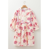 White Floral Print Lace up V Neck Balloon Sleeve Plus Size Shift Mini Dress - 1X thumbnail