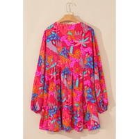 Rose Tropical Printed Lantern Sleeve V Neck Ruffled Plus Size Mini Dress - 4X thumbnail